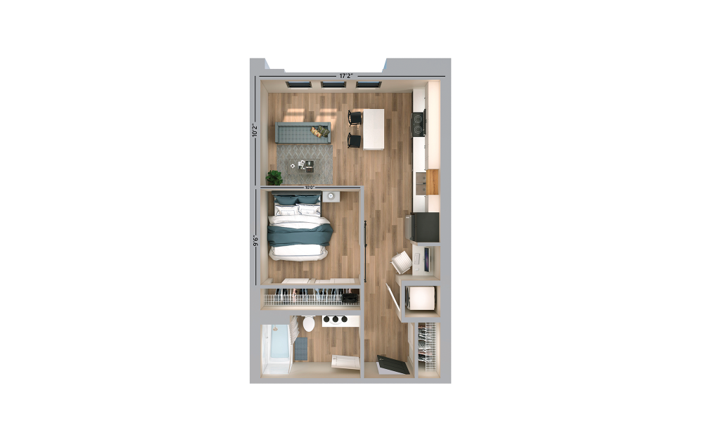 Astor - Studio floorplan layout with 1 bath and 518 square feet.