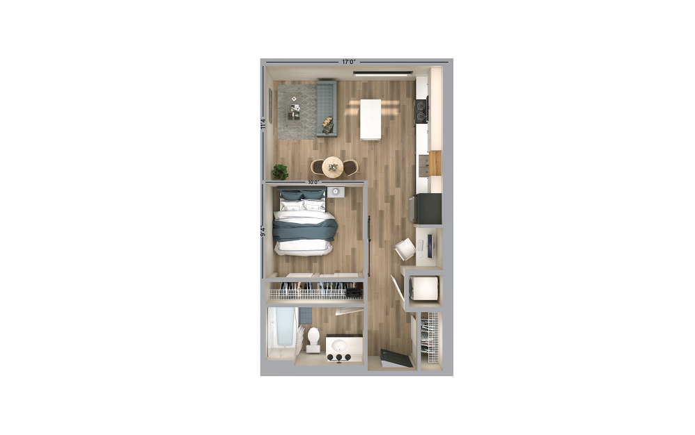 Dell - Studio floorplan layout with 1 bath and 525 to 530 square feet.