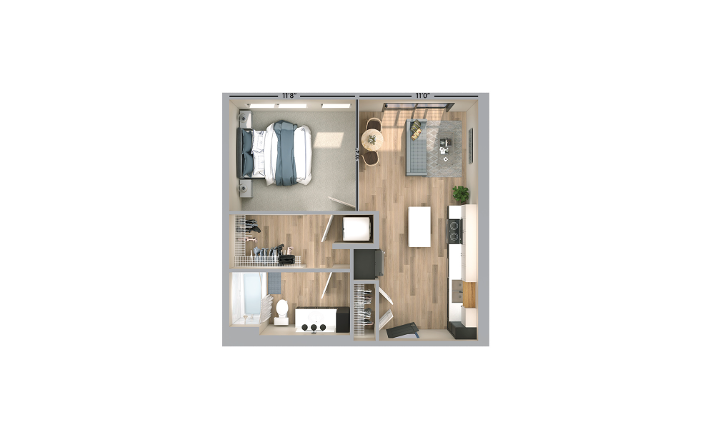 Grand - 1 bedroom floorplan layout with 1 bath and 547 to 552 square feet.