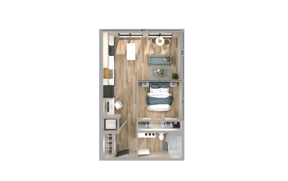 Golde - Studio floorplan layout with 1 bath and 550 to 551 square feet.