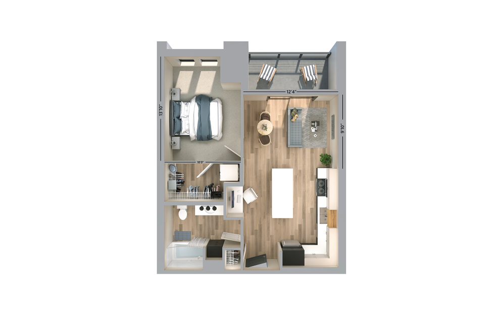 Ford - 1 bedroom floorplan layout with 1 bath and 628 square feet.