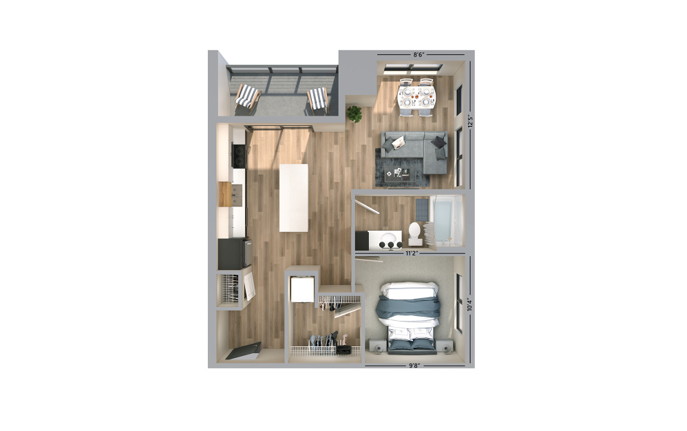 Fisher - 1 bedroom floorplan layout with 1 bath and 664 square feet.