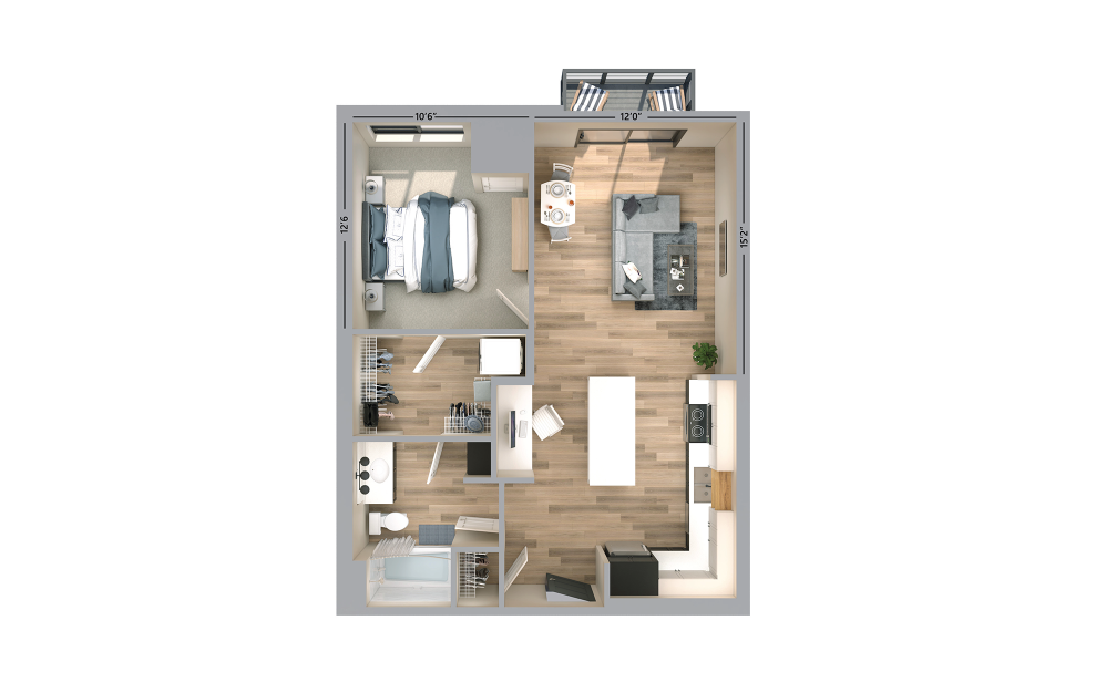 Walden - 1 bedroom floorplan layout with 1 bath and 708 to 714 square feet.