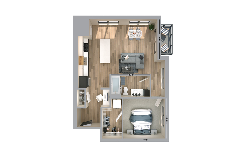 Marcus - 1 bedroom floorplan layout with 1 bath and 772 square feet.