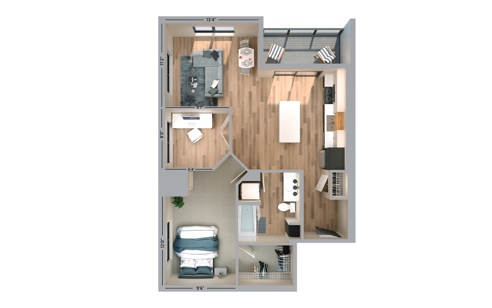 Fridley - 1 bedroom floorplan layout with 1 bath and 802 square feet.