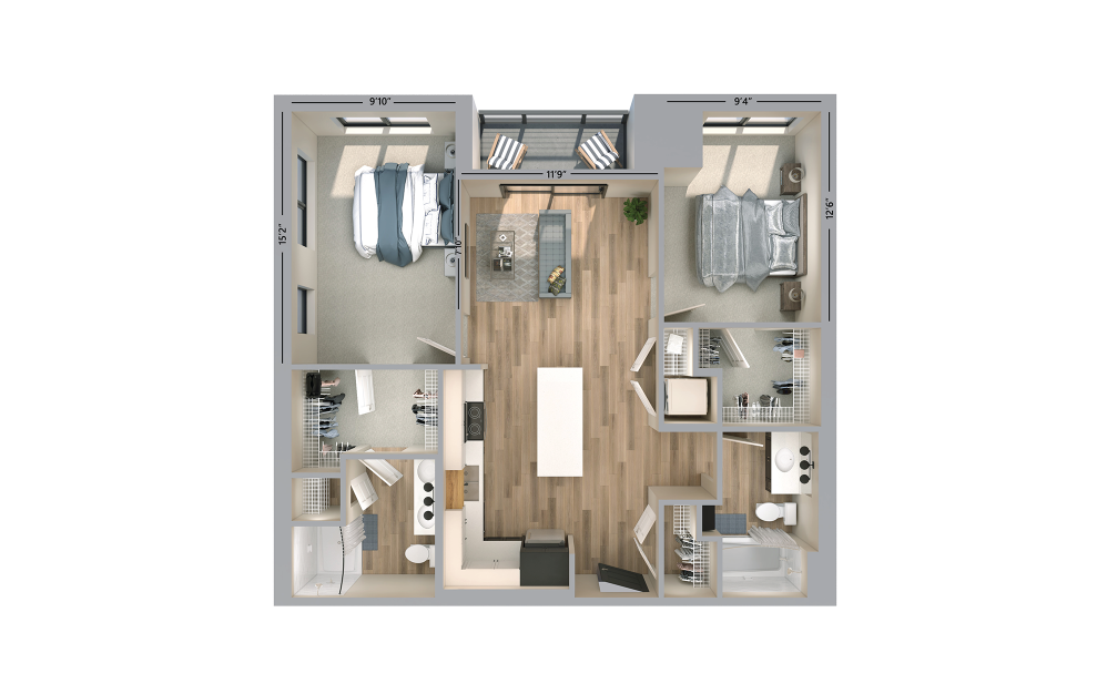 Lux - 2 bedroom floorplan layout with 2 baths and 913 square feet.