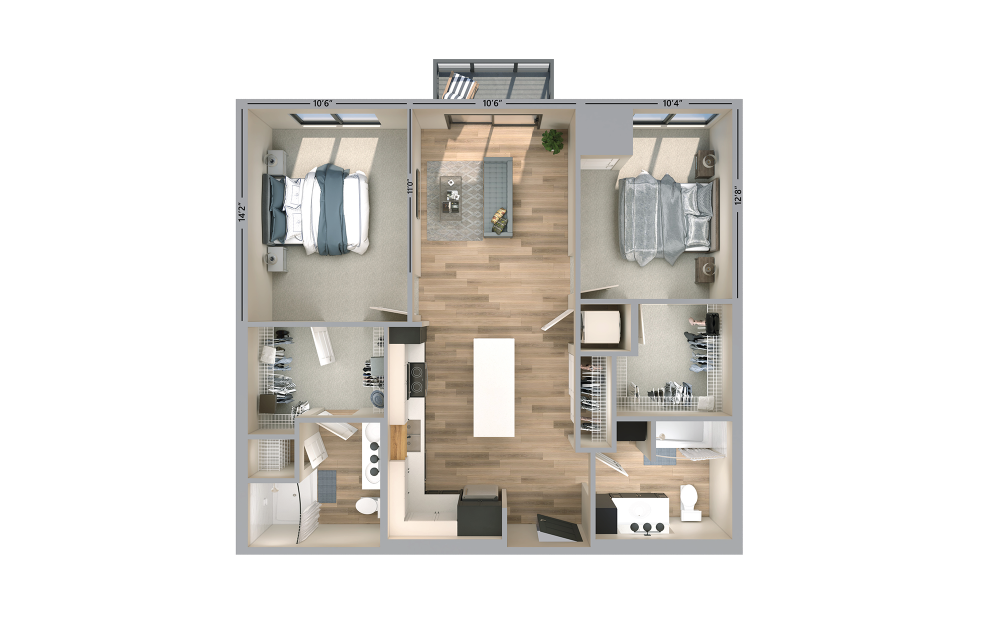 Clarence - 2 bedroom floorplan layout with 2 bathrooms and 984 square feet