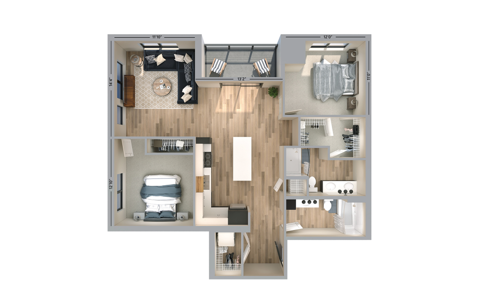 York - 2 bedroom floorplan layout with 2 baths and 1103 square feet.