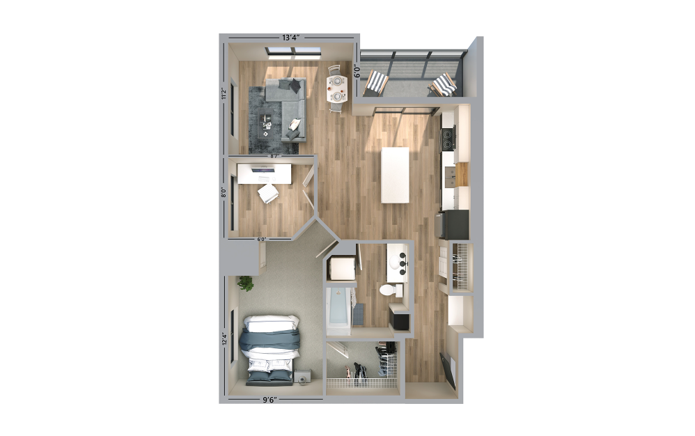 Henry - 1 bedroom floorplan layout with 1 bath and 843 square feet.