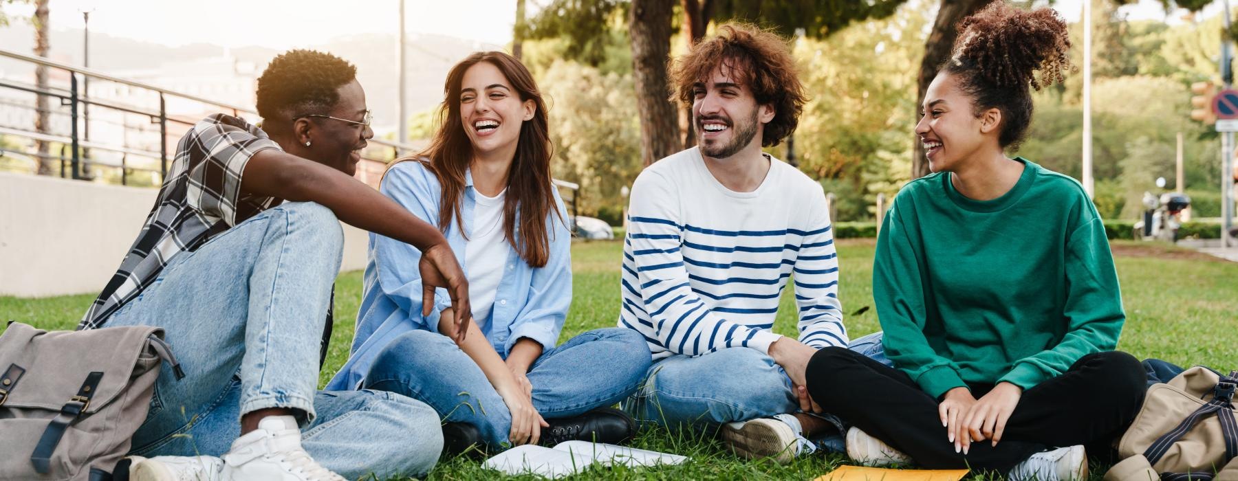 a group of people sitting on the grass